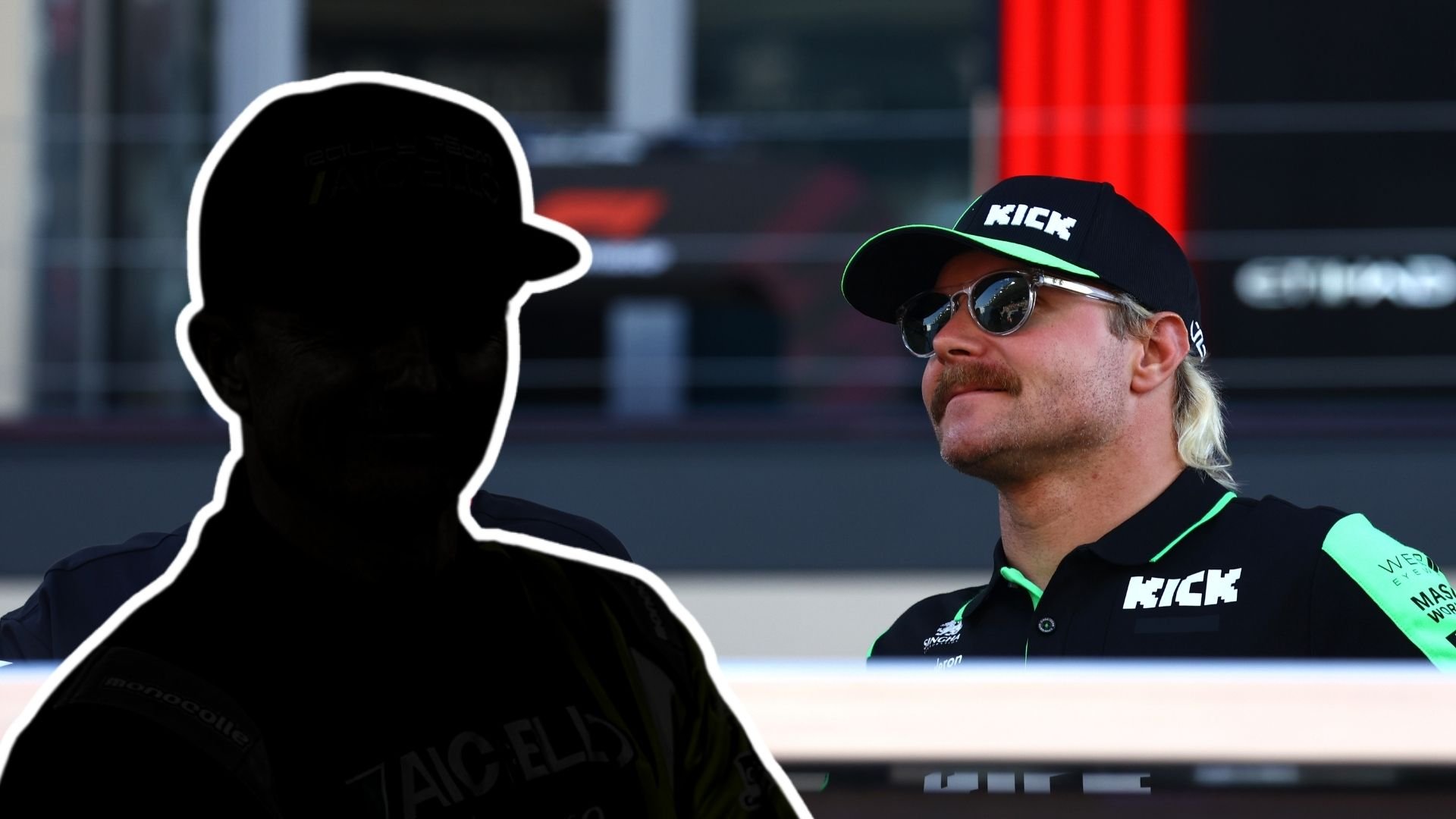 Valtteri Bottas i solglasögon och keps från Kick ser framåt, medan en mystisk silhuett av hans nya stallkamrat visas bredvid honom i ett montage.