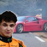 Lando Norris i McLaren-klädsel framför sin röda Ferrari F40, som står skadad vid ett vägräcke på Monacos gator efter en olycka.