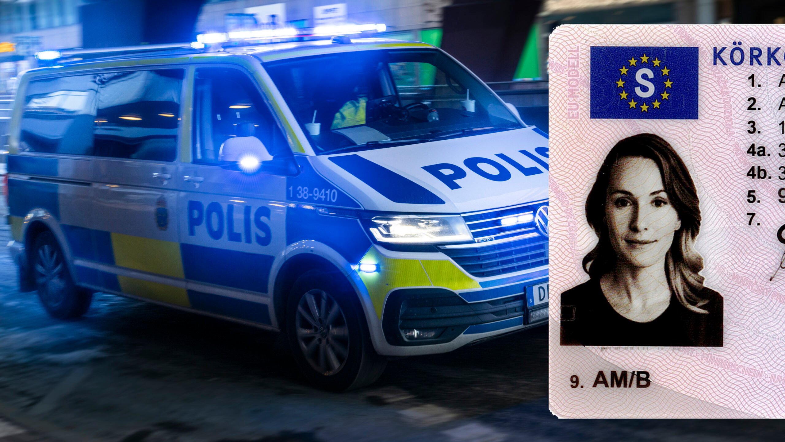 Polisbil under utryckning och del av körkort.