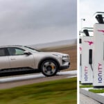 Pannorering av Polestar 3 och ett par Ionity-laddstolpar.