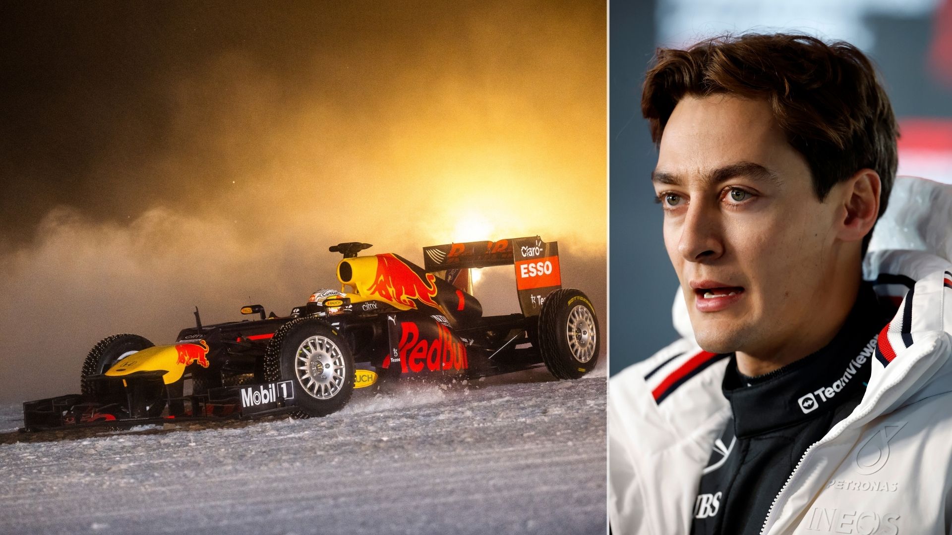 George Russell under en presskonferens jämte en Red Bull-bil som kör på is, symboliserande vinterkörning och utmaningar på frusna underlag.
