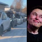 En bild som visar en lång kö av Tesla-bilar på en snötäckt väg i Malung och en porträttbild av Tesla-VD:n Elon Musk som pekar med ett självsäkert leende.