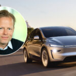 Bild på nya Tesla Model Y med Vrooms vd Ulf Robert-Jones infälld.
